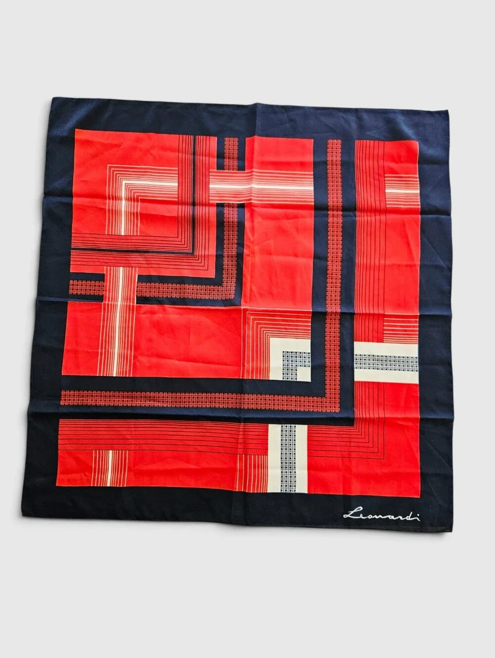 Vintage Leonardi Large '80s Geometric Black Red Striped Neck Head Scarf Foulard